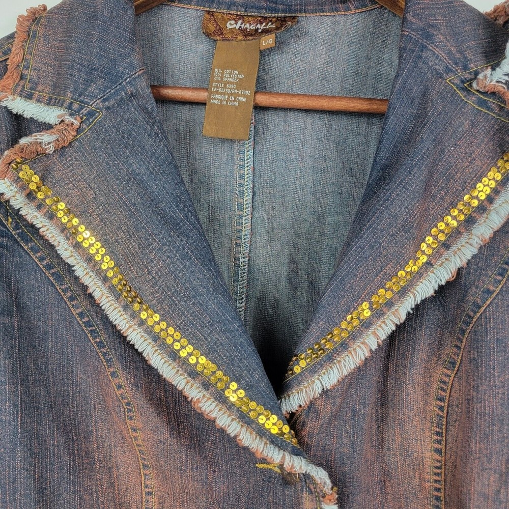 Chagall Womens Sz Large Denim Jacket Sequins Ribbon Tie Fray Edges - Picture 2 of 5